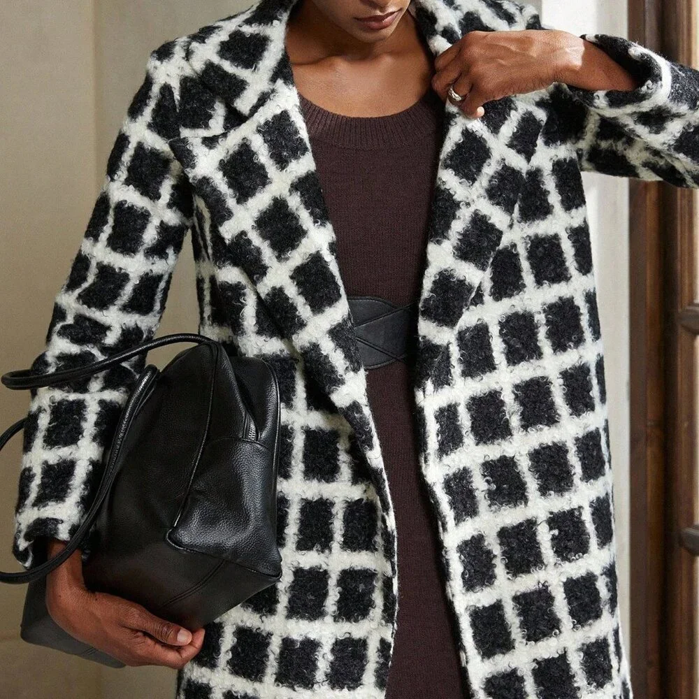 Black And White Casual Women's Loose Plaid Coat